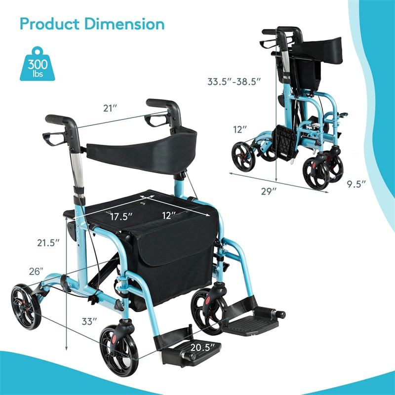 2-in-1 Folding Rollator Walker with Seat for Seniors, Aluminum Medical Walker Transport Chair Combo with 8" Wheels, Adjustable Handle & Backrest