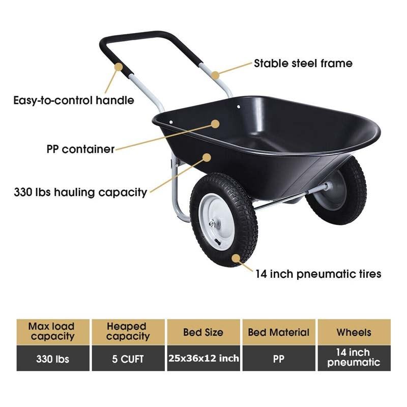 Dual-Wheel Wheelbarrow, 330lb Capacity Heavy Duty Garden Cart with Pneumatic Tires & Easy-Dump for Lawn, Farm & Construction