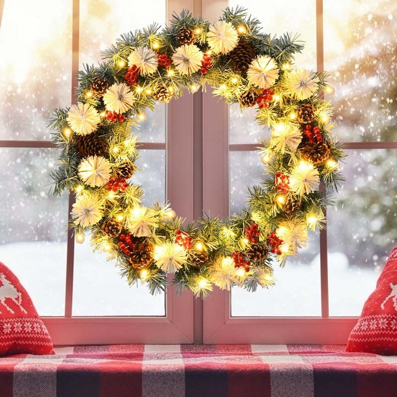 30" Pre-lit Snowflocked Artificial Christmas Wreath with 50 LED Lights