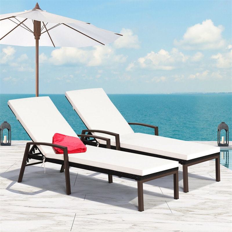 2PCS Wicker Outdoor Chaise Lounge Chairs with Cushions & 5 Adjustable Backrest, PE Rattan Patio Sun Loungers for Poolside, Backyard, Deck