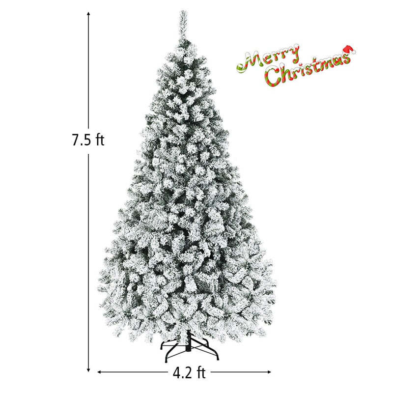 7.5FT Pre-Lit Artificial Christmas Tree, Premium Snow Flocked Hinged Xmas Tree with 450 LED Lights & Metal Stand for Indoor Outdoor Holiday Decor