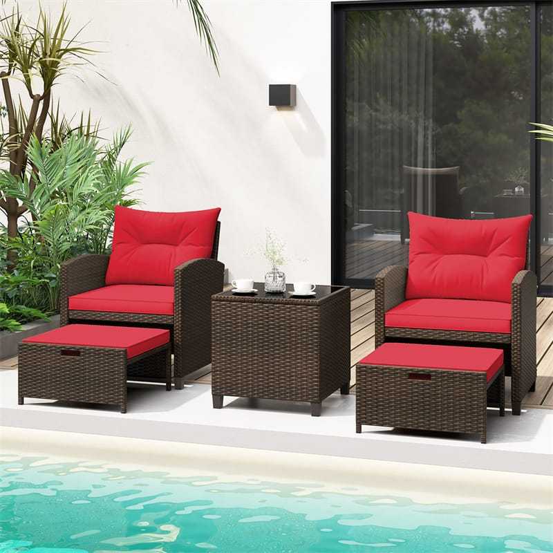 5-Piece Patio Rattan Furniture Set, Cushioned Wicker Chairs with 2 Ottomans & Glass Coffee Table, Outdoor Sectional for Porch Backyard Poolside