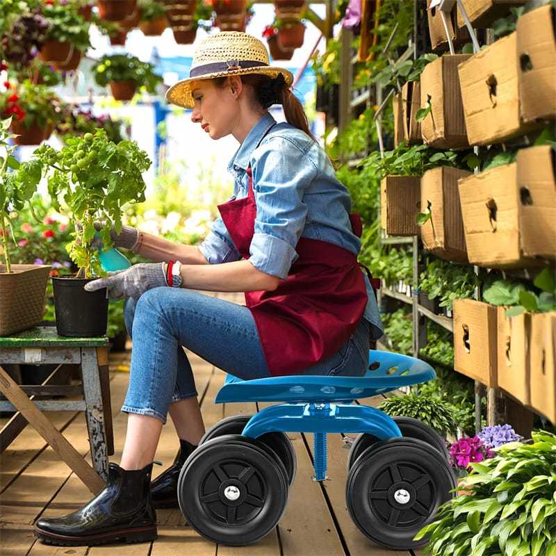 Heavy Duty Garden Cart with 360° Swivel Seat & Wheels, Height Adjustable Rolling Gardening Seat Utility Stool Cart Garden Scooter for Planting