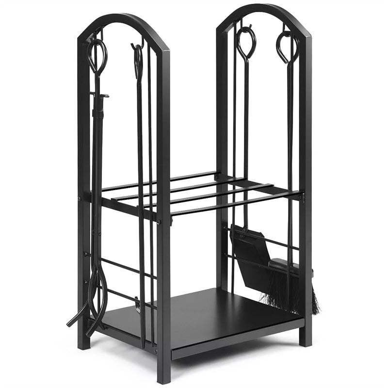 Firewood Rack with 4 Fireplace Tools Set, Heavy Duty Wrought Iron Log Rack Wood Storage Firewood Holder for Indoor  Outdoor