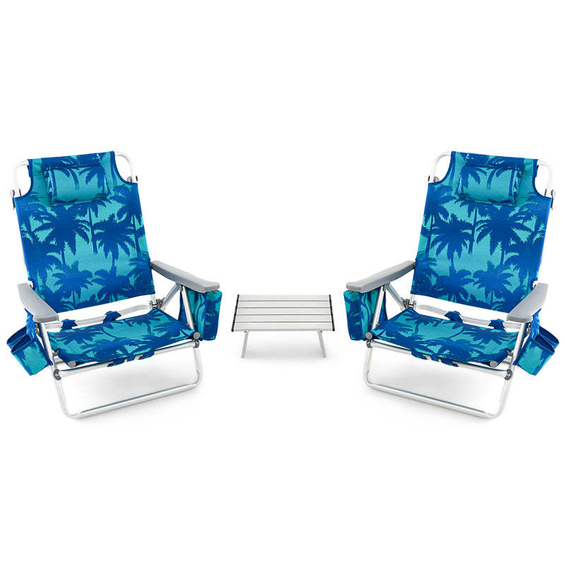 3PCS Folding Backpack Beach Chairs with Side Table, Cooler Bag, Cup Holder, 5-Position Reclining Beach Chairs for Camping Sunbathing