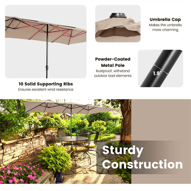 15FT Double-Sided Patio Market Umbrella Large Outdoor Twin Umbrella with Crank Handle & Vented Tops for Poolside Deck Lawn Garden