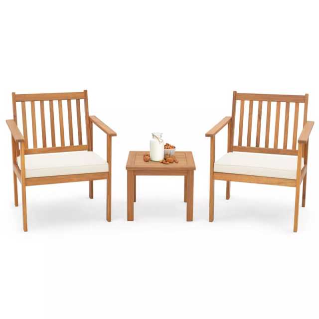 3 Pieces Patio Wood Furniture Set Acacia Wood Chairs & Coffee Table Set with Soft Seat Cushions & Slatted Design for Porch Yard Balcony
