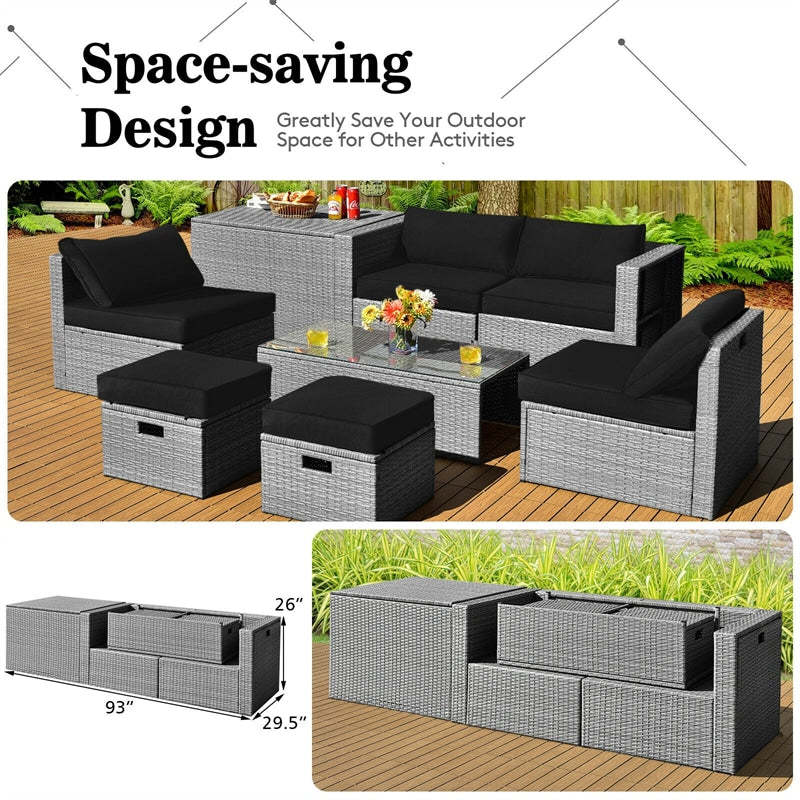 8 Piece Patio Furniture Set, PE Rattan Sectional Sofa Set with Storage Box, Ottomans, Coffee Table, Waterproof Cushions for Poolside/Balcony