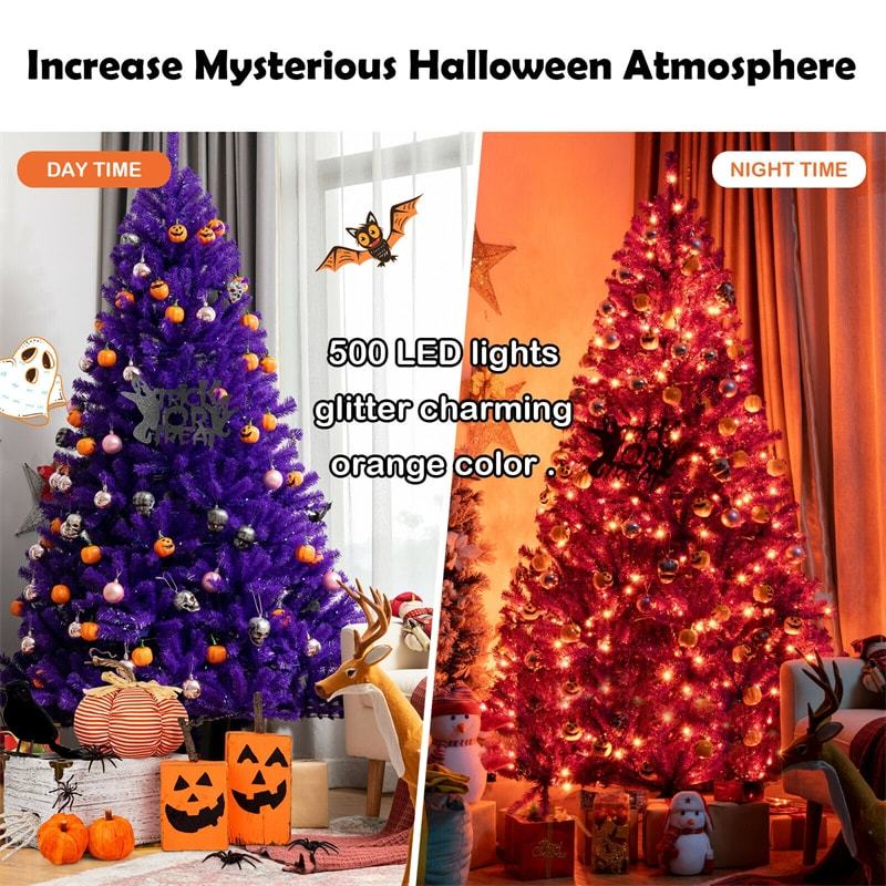 7' Artificial Prelit Purple Halloween Tree with Orange Lights and Pumpkin Ornaments