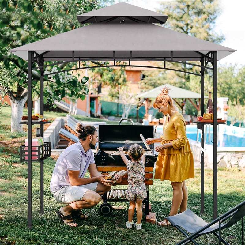 8x5 FT Grill Gazebo, 2-Tier Canopy Top Barbecue Gazebo with 2 Shelves, Storage, 20 Hanging Hooks & Metal Frame for Backyard, Poolside BBQs