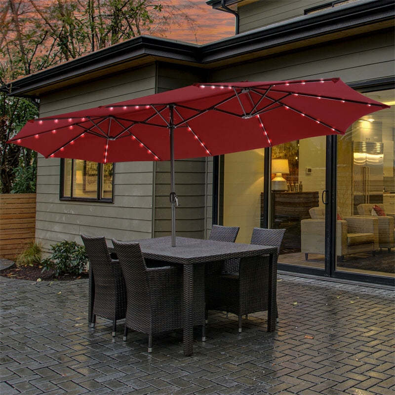 15FT Double-Sided Patio Umbrella with 48 Solar LED Lights & Crank Handle, Extra Large Outdoor Market Umbrella for Poolside, Deck, Backyard