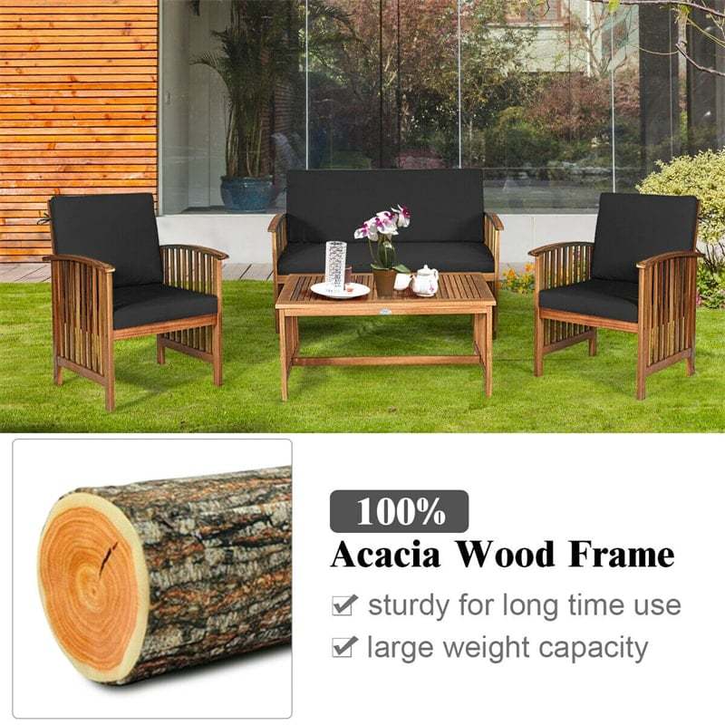 4 Pcs Outdoor Acacia Wood Patio Sofa Set with Coffee Table & Padded Cushions