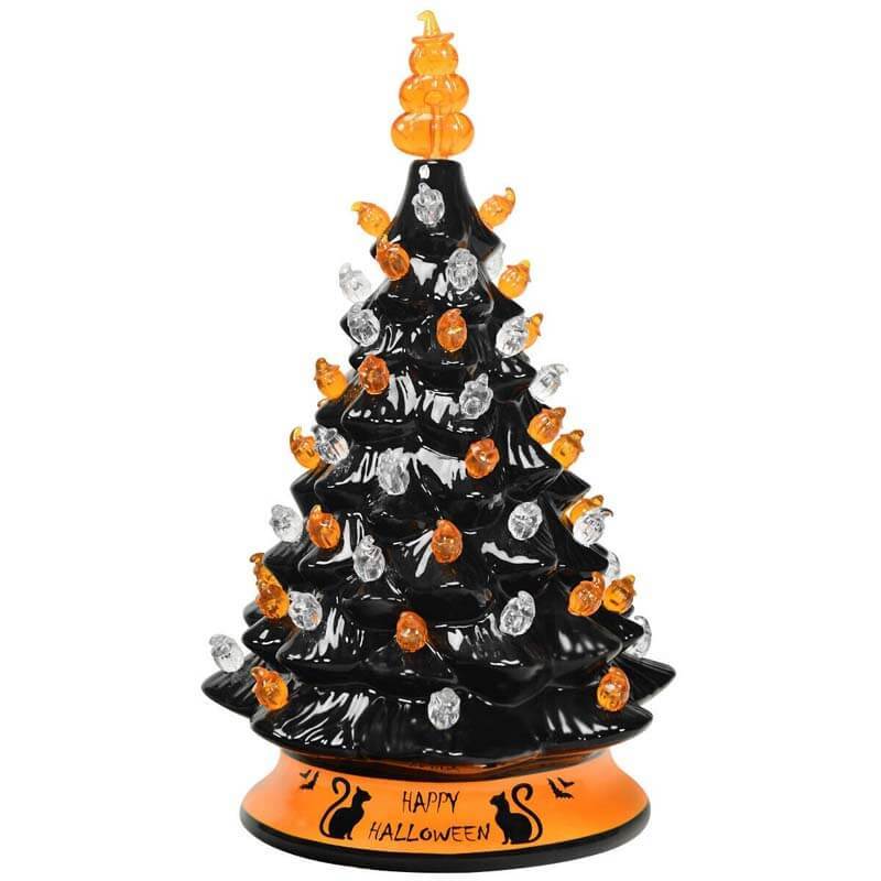15 Inch Hand-Painted Black Tabletop Ceramic Halloween Tree with 12 Built-in Lights