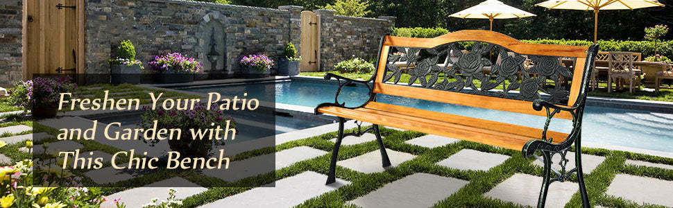 Park Garden Bench Cast Iron Hardwood Outdoor Bench Porch Loveseat Chair