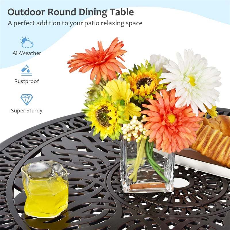 36" Cast Aluminum Bistro Table, Outdoor Round Dining Table with Umbrella Hole, Adjustable Footpads & Weather-Resistant for Backyard, Poolside, Garden