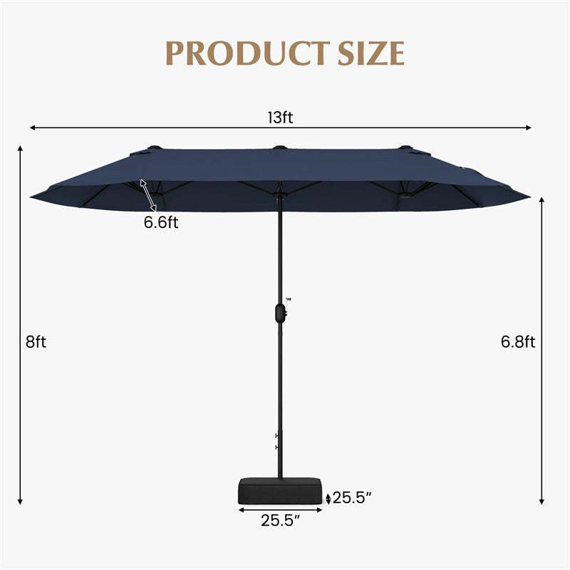 13FT Double-Sided Patio Umbrella, Extra Large Twin Market Umbrella with Base, Crank Handle, Safety Lock, Vented for Poolside, Deck, Backyard
