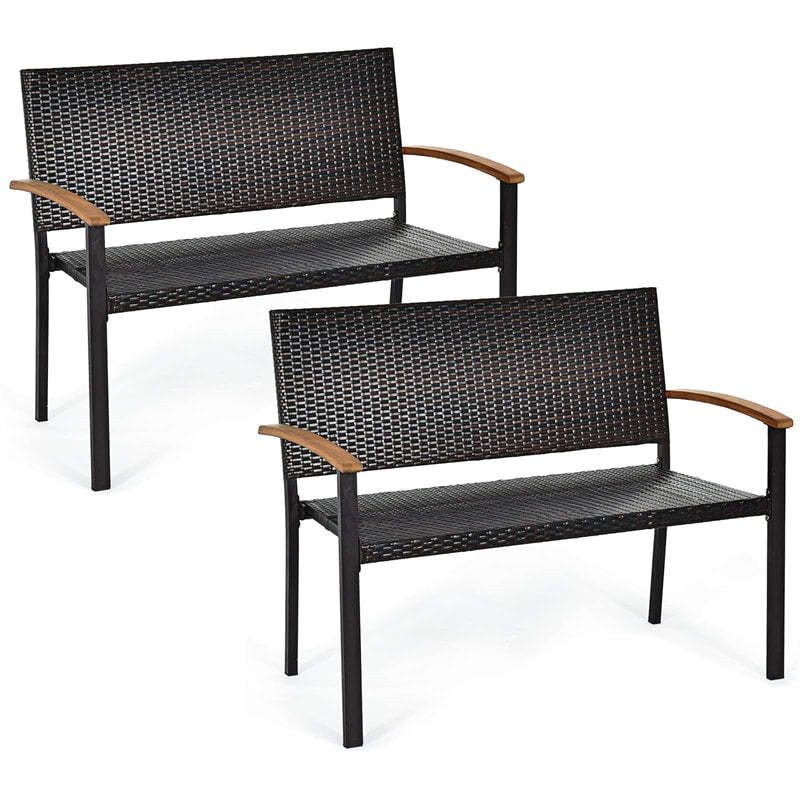 2-Pack Outdoor Stackable Bench Rattan Patio Bench All-Weather PE Wicker Garden Loveseat Chair Steel Frame with Acacia Wood Armrest