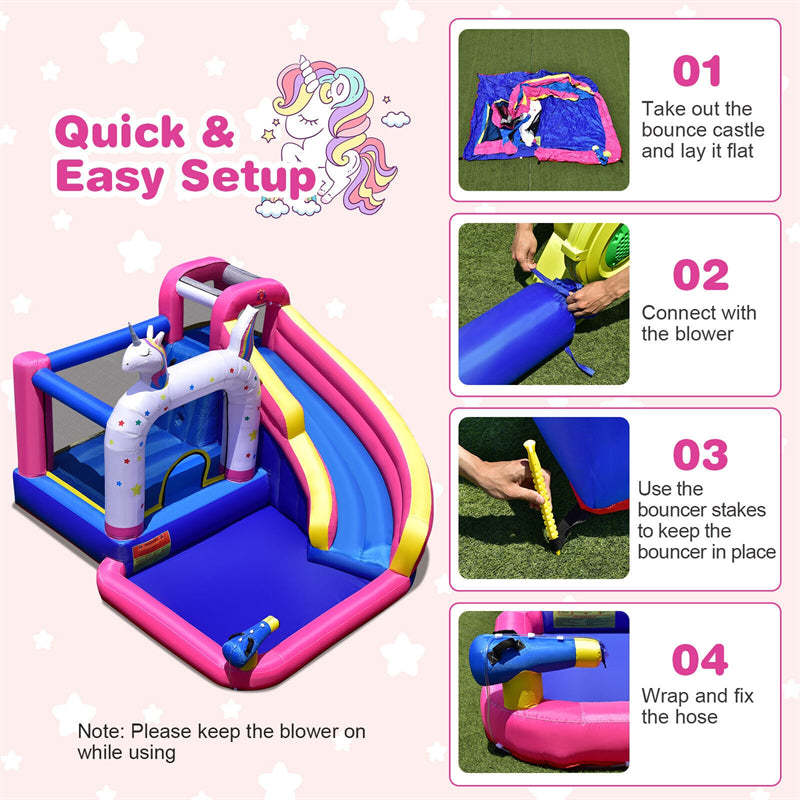 Unicorn Inflatable Water Slide Bounce House for Kids with 480W Blower