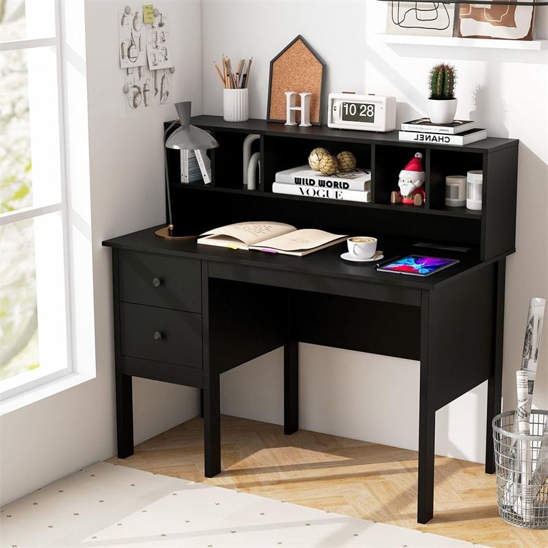 48" Computer Desk with Charging Station, 5-Cubby Hutch & 2 Drawers, Home Office Desk w/Power Outlets, USB/Type-C Ports for Bedroom, Small Space