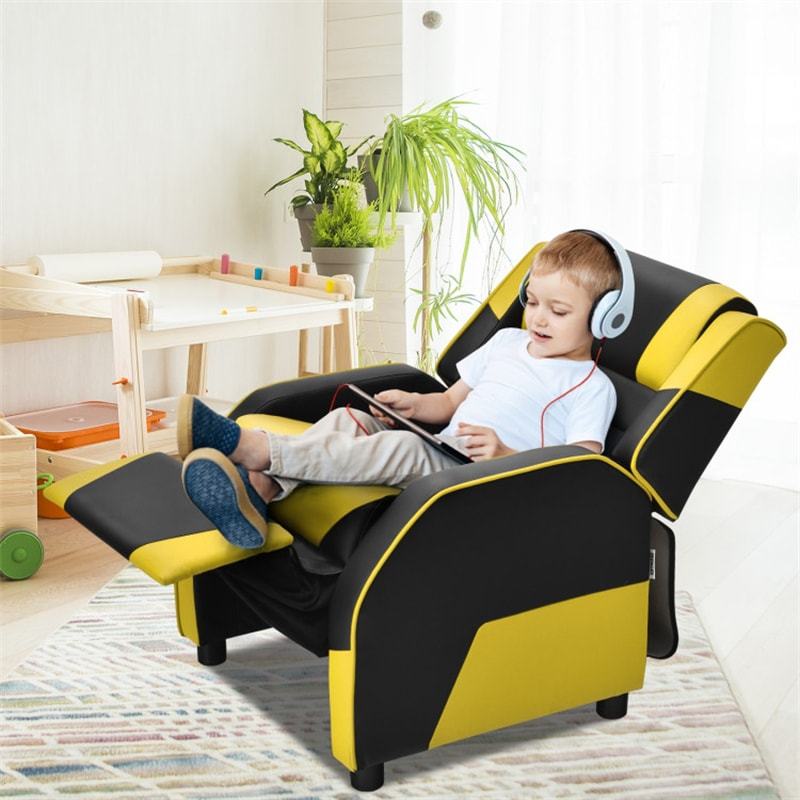 Kids Recliner Chair, Adjustable Gaming Recliner with Footrest, Headrest & Lumbar Support, Ergonomic PU Leather Lounge Sofa for Boys & Girls