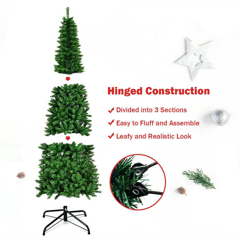 6.5FT Prelit Hinged Pencil Christmas Tree w/ LED Lights and Solid Metal Stand