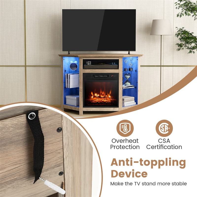 45" Corner Fireplace TV Stand for TVs up to 50" with 18" Electric Fireplace Insert, LED Lights & Adjustable Shelves