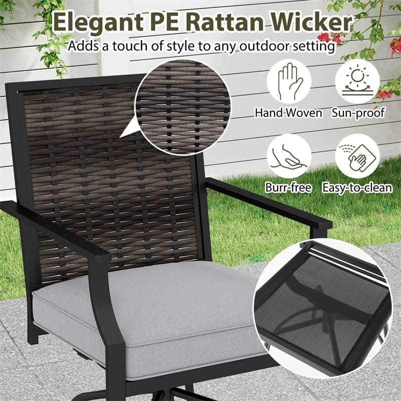 Outdoor PE Wicker Swivel Bar Stools Set of 2, Metal Counter Height Patio Chairs with Back & Cushions for Patio, Backyard & Poolside