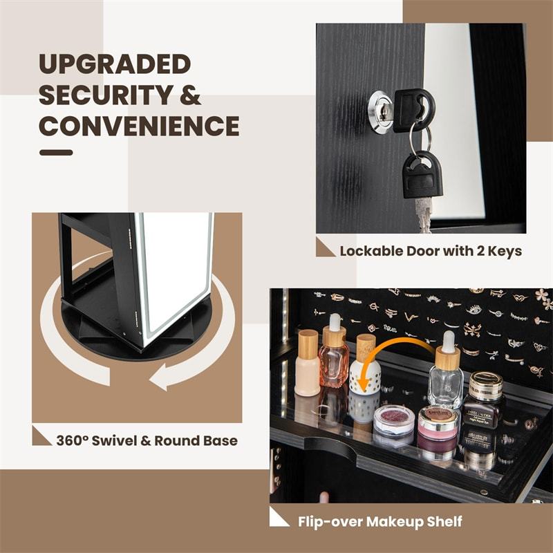 360° Swivel Jewelry Armoire with Full Length Mirror, Adjustable 3-Color LED Lights & Storage Rack, Lockable Standing Jewelry Cabinet Organizer