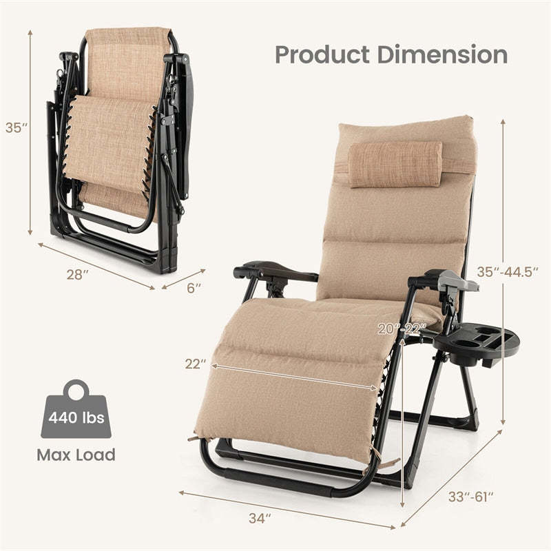 Adjustable Metal Zero Gravity Lounge Chair with Cup Holder Tray, Removable Cushion & Pillow, Folding Reclining Patio Chair for Garden Backyard