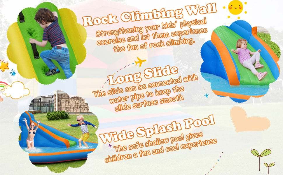 Inflatable Water Slide Mighty Bounce House Splash Pool Giant Bouncy Waterslide Park with Climbing Wall & 480W Blower for Kids Backyard