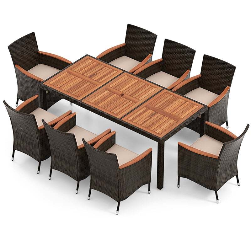 9 Piece Outdoor Dining Set, Acacia Wood & Wicker Patio Furniture Set with Cushioned Stackable Chairs & Umbrella Hole Dining Table for Backyard Garden