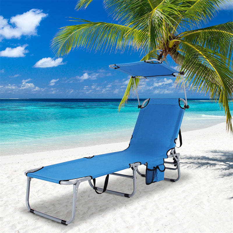 Folding Beach Lounge Chair, Outdoor Sun Lounger with Canopy, Adjustable Backrest & Side Pocket, Portable Tanning Chair with for Patio, Poolside