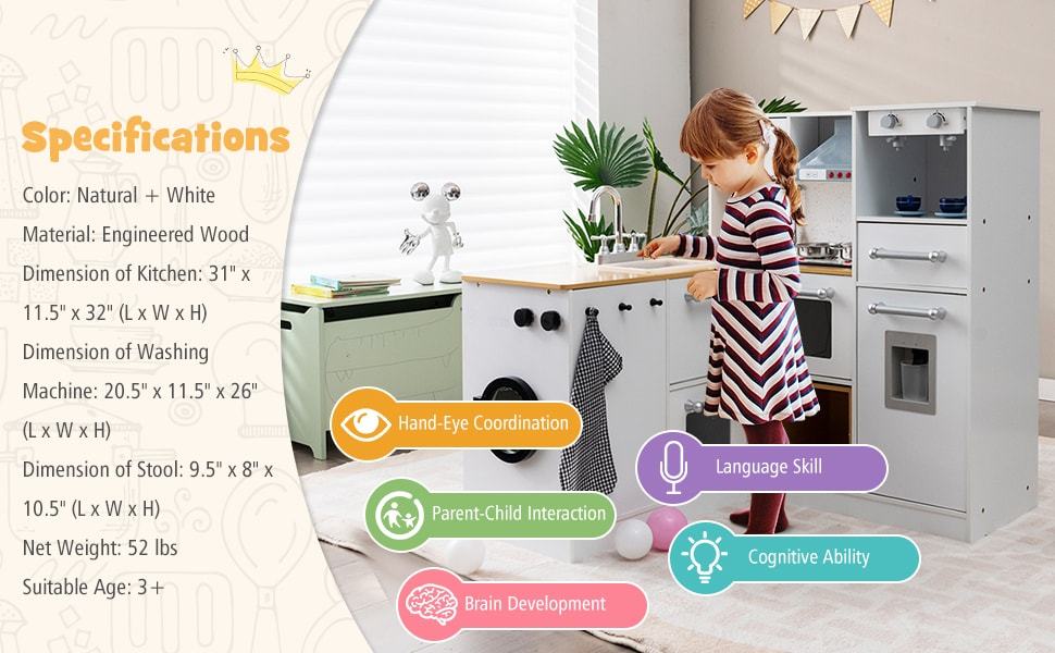 Kids 2-Piece Kitchen Playset Little Chef Wooden Modular Play Kitchen Toy Set with Movable Stool & Coffee Maker