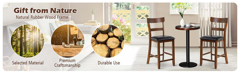 Rubber Wood Bar Stools Set of 2 25.5" Counter Height Dining Chairs with Leather Cushioned Seats & Backrests for Kitchen Living Room