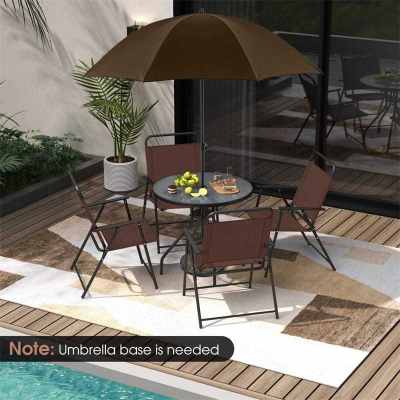 6 Piece Patio Dining Set Outdoor Folding Chairs Set with Tempered Glass Table & Tilt Umbrella, Portable Patio Table and Chairs for Lawn Garden Yard
