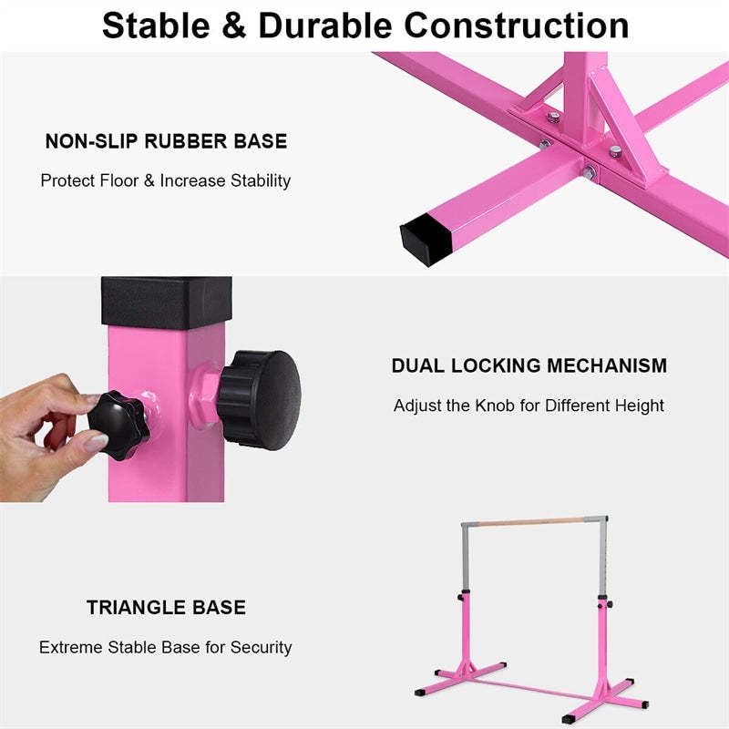 Steel Gymnastics Training Bar, 3' to 5' Height Adjustable Kip Bar with Double Locking Mechanism, Junior Horizontal Bar for Home Practice
