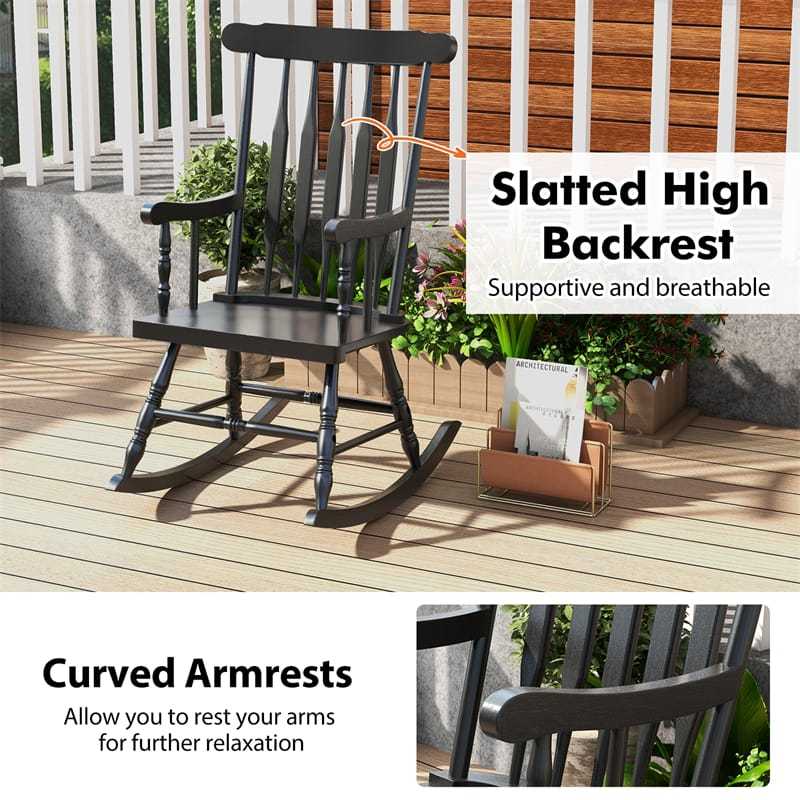 Solid Rubber Wood Patio Rocking Chair, Outdoor Porch Rocker with Slat Back & Glossy Finish for Garden, Backyard, Indoor Use