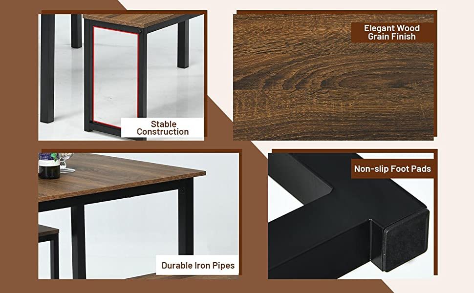 3-Piece Wood Patio Kitchen Dining Table Set with 2 Benches