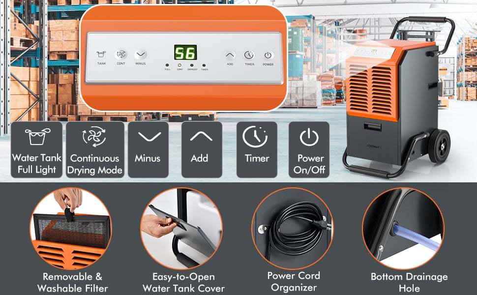 140-Pint Portable Commercial Dehumidifier Industrial Dehumidifier with 1.45 Gallon Water Tank & Drainage Pipe for Basement