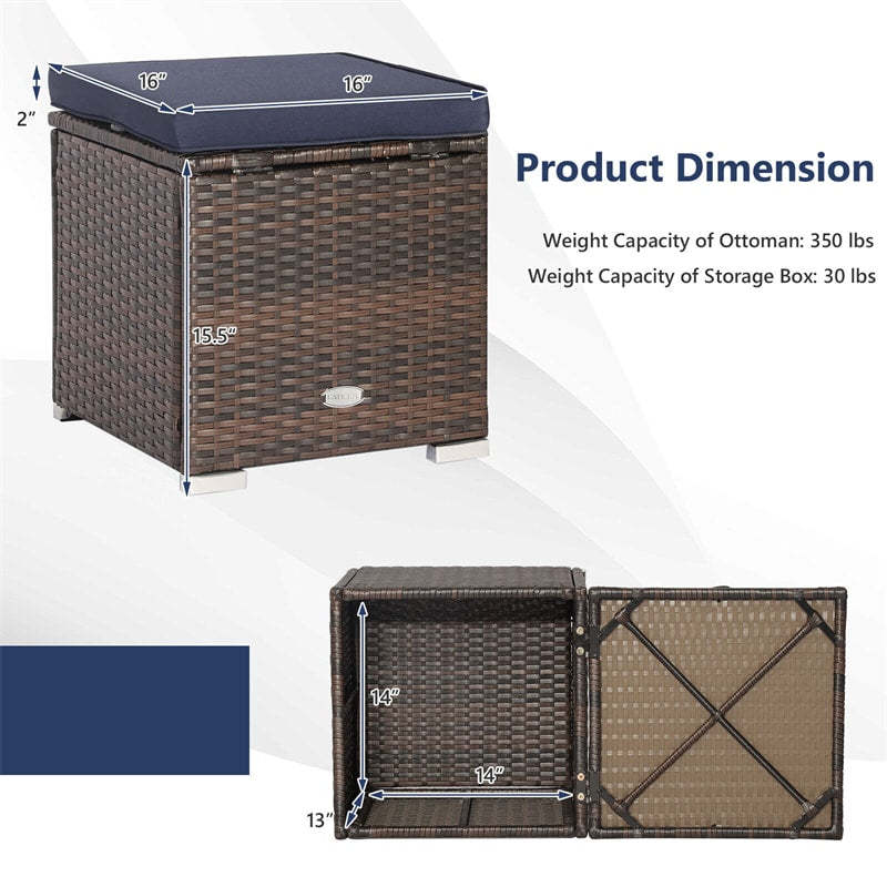 2PCS Wicker Patio Ottomans Hand-Woven PE Rattan Multipurpose Outdoor Footstool Side Table with Removable Cushions & Hidden Storage Box