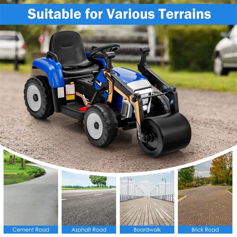 Kids Ride On Road Roller 12V Battery Powered Electric Tractor with Remote Control Adjustable Drum Roller