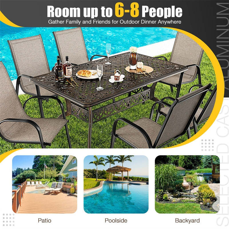 59" Rectangular Outdoor Dining Table 6 Person All-Weather Cast Aluminum Table with Umbrella Hole