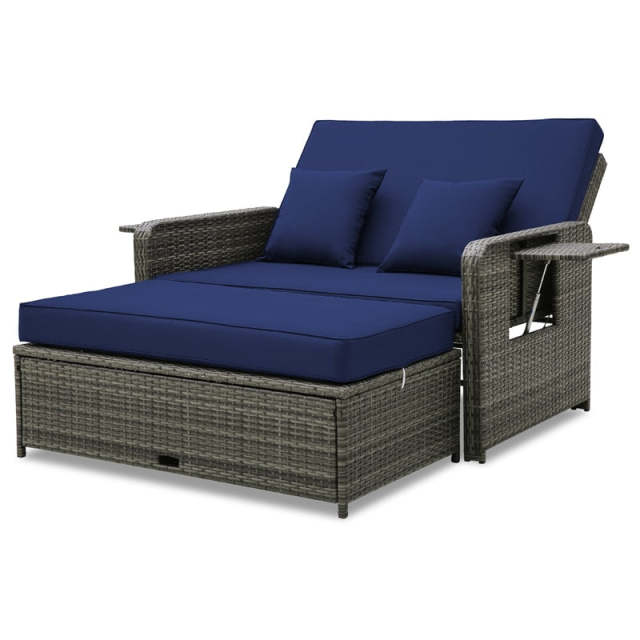 Patio Rattan Daybed Set Wicker Loveseat Sofa with Multipurpose Storage Ottoman, Seat & Back Cushions, Retractable Side Tray, Adjustable Backrest