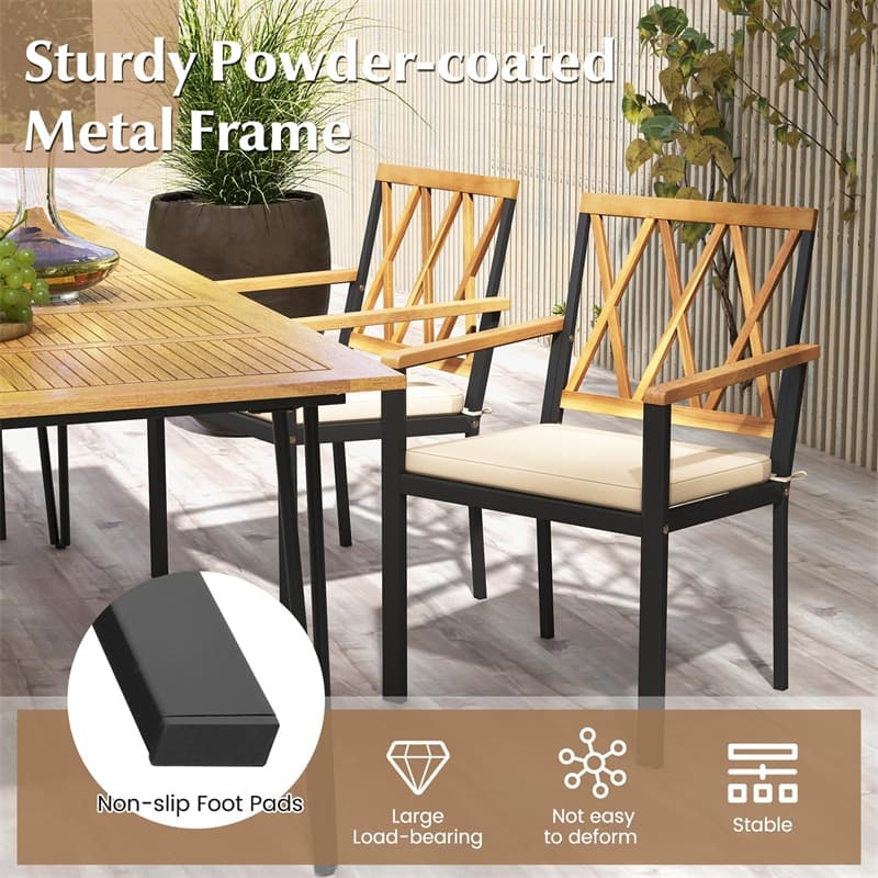 Metal Patio Dining Chairs with Removable Padded Cushions, Acacia Wood Backrests & Armrests, 400LBS Capacity Outdoor Bistro Chairs Crossed Back