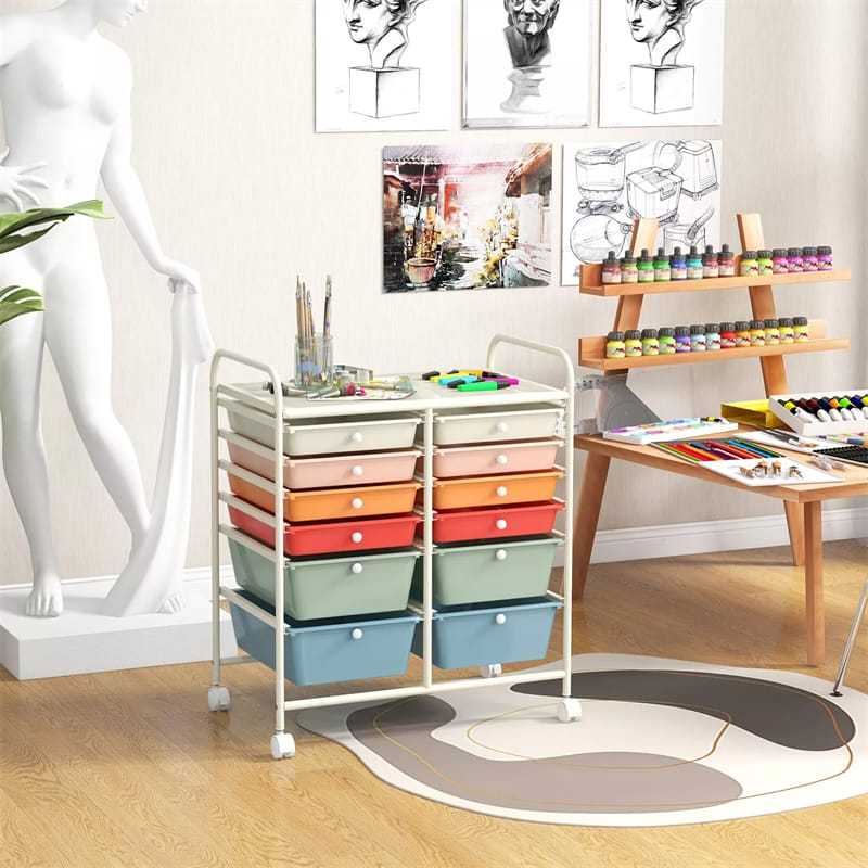 12-Drawer Rolling Storage Cart, Multipurpose Organizer Cart with Lockable Casters, Mobile Utility Cart for School Office Beauty Salon