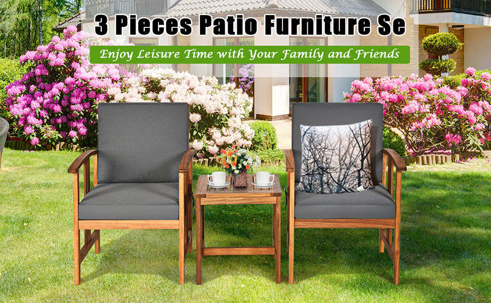 3-Piece Outdoor Acacia Wood Sectional Sofa Set with Cushions & Coffee Table