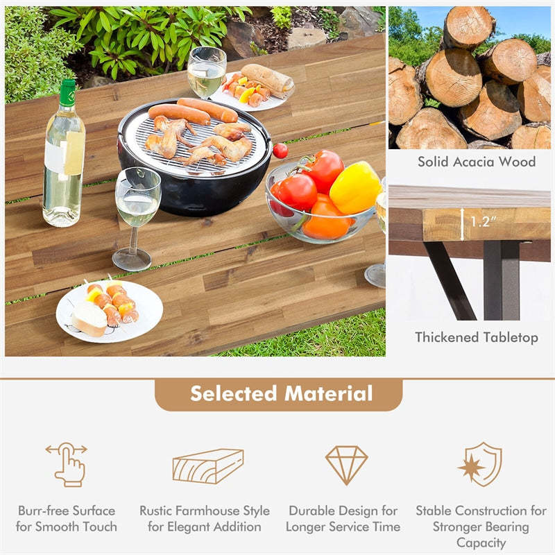 3-Piece Outdoor Picnic Table Set for 4-6 Persons, 67" Acacia Wood Dining Table with 2 Benches & 2" Umbrella Hole, Heavy-Duty Patio Rectangular Table