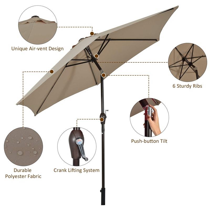10FT Patio Umbrella 6 Ribs Market Steel Tilt W/ Crank Outdoor Garden-Tan