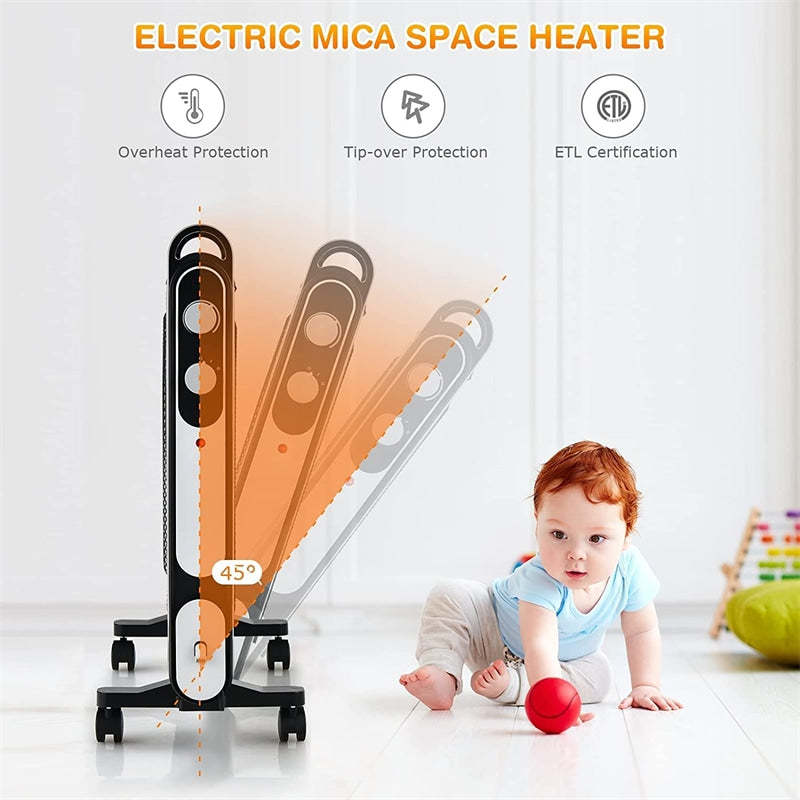 1500W Portable Electric Mica Space Heater with Adjustable Thermostat and Wheels