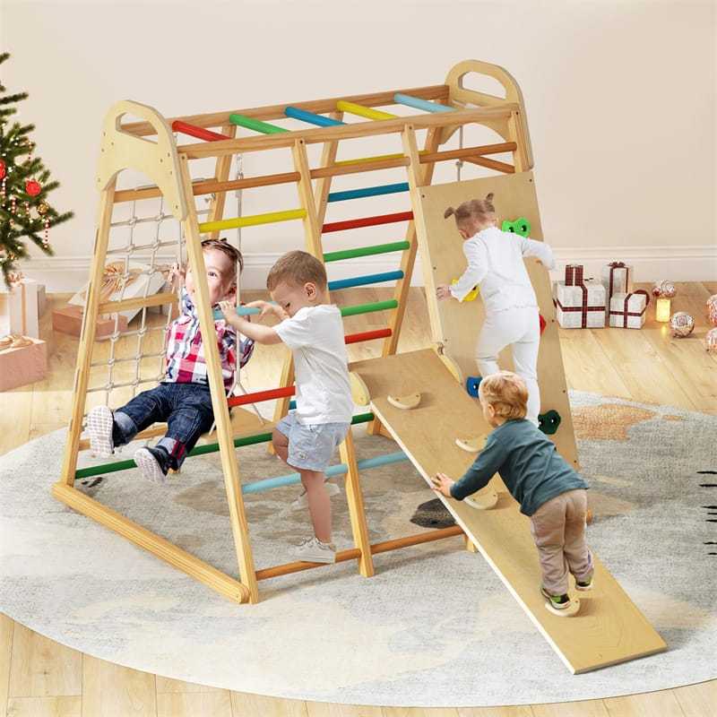 8-in-1 Kids Indoor Jungle Gym, Wooden Montessori Playground Climbing Playset with Slide, Swing, Monkey Bars, Rope Ladder for Boys & Girls